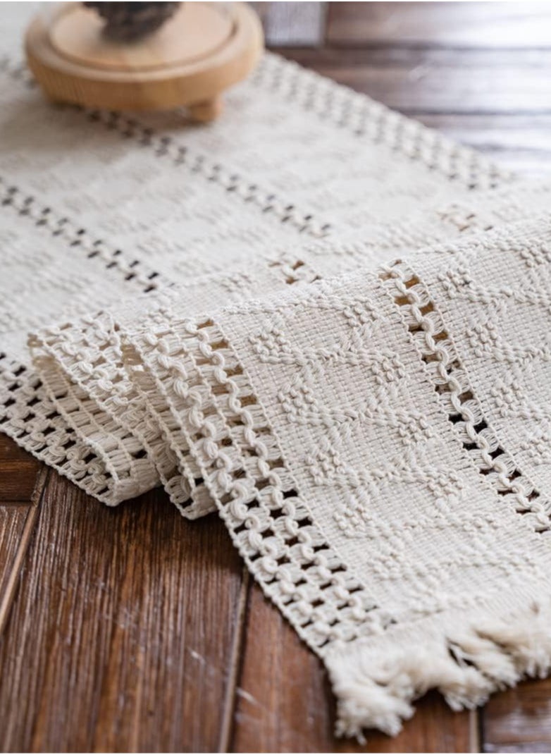 Generic Macrame Table Runner with Tassels, Cream Boho Cotton Flax Table Runner, Vintage Lace Tablecloth for Kitchen, Farmhouse Dining Bedroom Home Decor Rustic Bridal Shower 30 x 180 cm  - Image 2