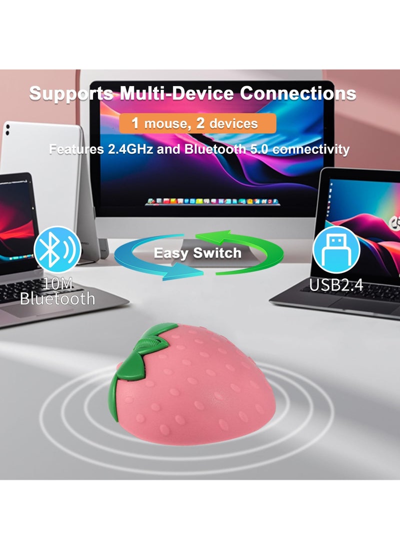 erorex - Wireless Bluetooth Mouse, 2.4GHz & Bluetooth Dual Mode 1000DPI Optical Computer Mouse, Cute Strawberry Shape Mouse with USB Receiver, Portable Quiet Mice for Laptop, PC, Computer, Pink - Image 1