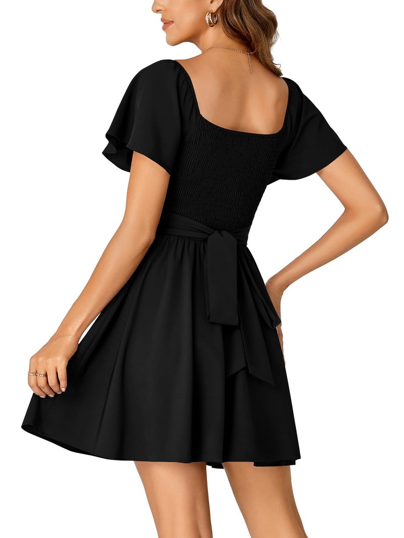 Rooscier Women's Tie Back Square Neck Wrap Ruffle Short Sleeve Flare Mini Dress Black X-Small - Image 5