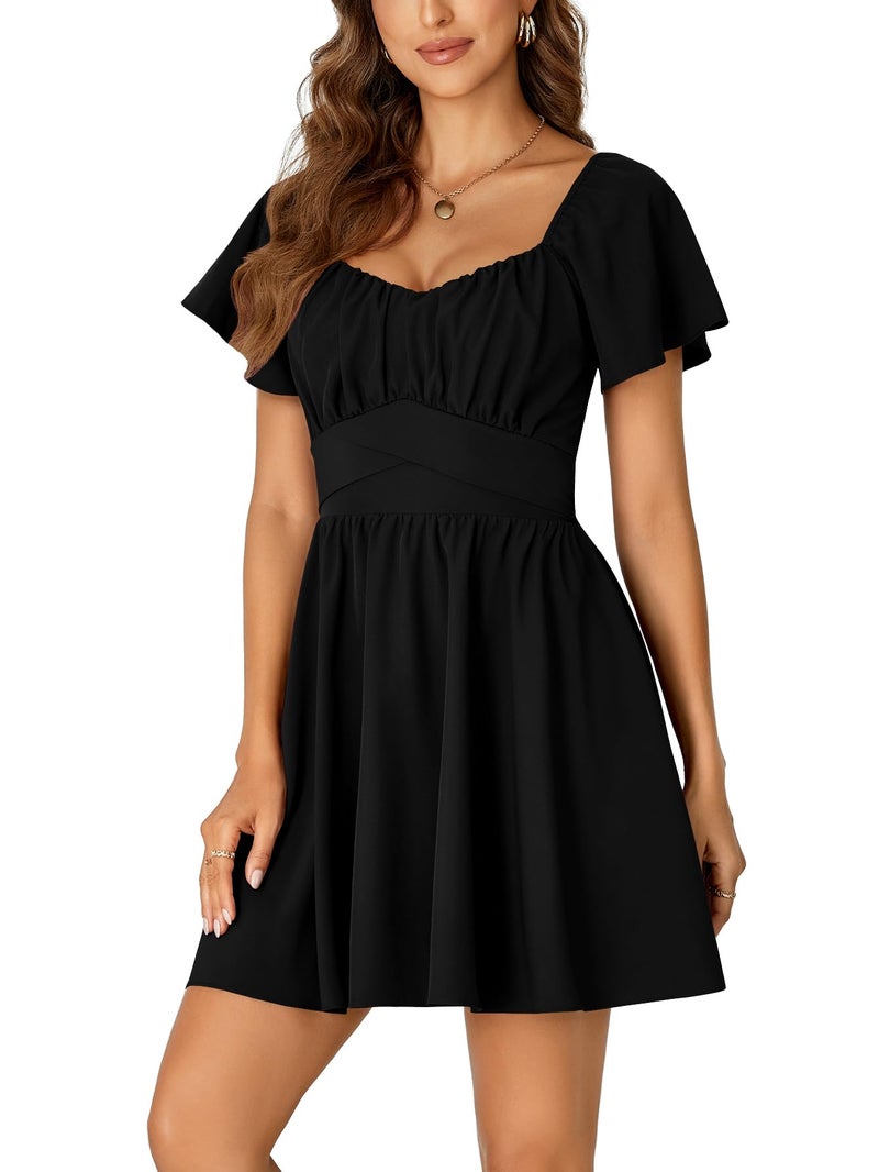 Rooscier Women's Tie Back Square Neck Wrap Ruffle Short Sleeve Flare Mini Dress Black X-Small - Image 3