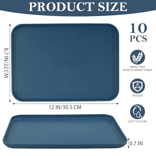 Coobbar Fast Food Serving Tray, 10 Pack Wheat Straw Cafeteria Tray, Non-Slip Rectangular Platter for Party, Home, Stackable Restaurant Serving Tray Set, BPA-Free,12.2 x 8.7 Inch (Dark Blue) - Image 2