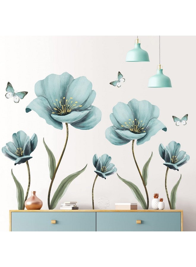 LiveGallery Dreamy Blue Flower Wall Stickers Creative Painted Butterflies Wall Decals Romantic Painting Art Decor Vinyl Removable Peel and Stick for Living Room Nursery Bedroom Office Bathroom Wall Decoration - Image 5