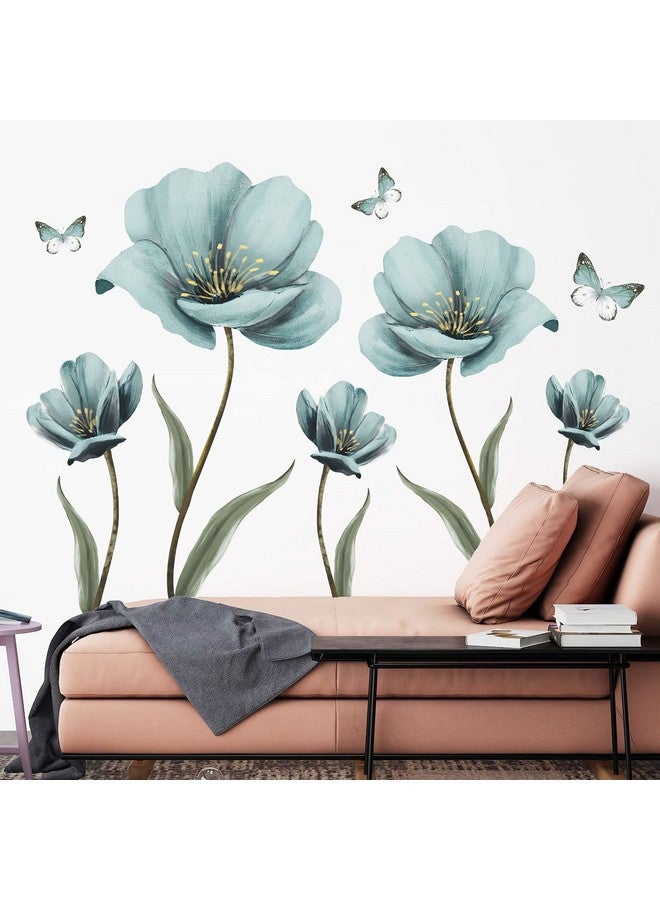 LiveGallery Dreamy Blue Flower Wall Stickers Creative Painted Butterflies Wall Decals Romantic Painting Art Decor Vinyl Removable Peel and Stick for Living Room Nursery Bedroom Office Bathroom Wall Decoration - Image 4