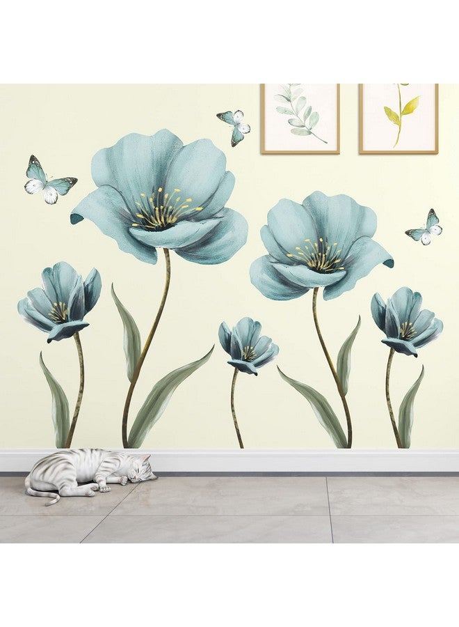 LiveGallery Dreamy Blue Flower Wall Stickers Creative Painted Butterflies Wall Decals Romantic Painting Art Decor Vinyl Removable Peel and Stick for Living Room Nursery Bedroom Office Bathroom Wall Decoration - Image 3