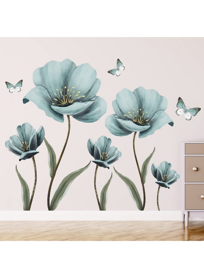 LiveGallery Dreamy Blue Flower Wall Stickers Creative Painted Butterflies Wall Decals Romantic Painting Art Decor Vinyl Removable Peel and Stick for Living Room Nursery Bedroom Office Bathroom Wall Decoration - Image 1