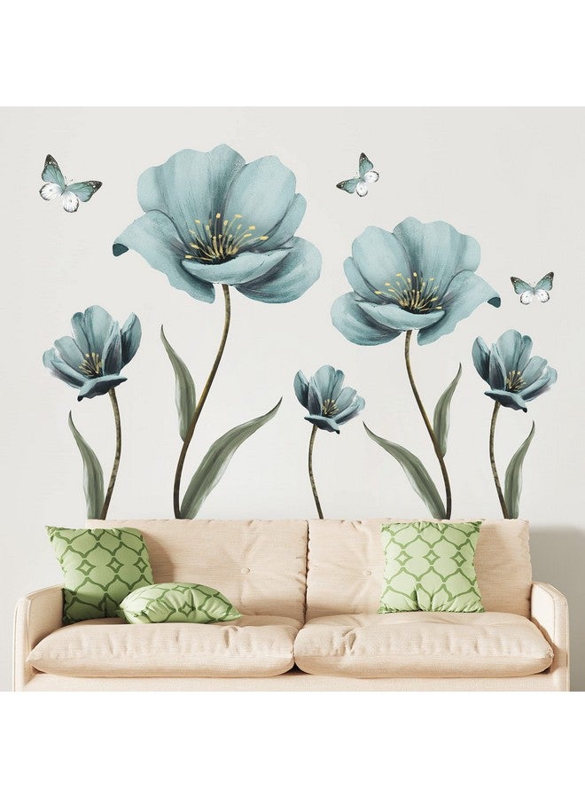 LiveGallery Dreamy Blue Flower Wall Stickers Creative Painted Butterflies Wall Decals Romantic Painting Art Decor Vinyl Removable Peel and Stick for Living Room Nursery Bedroom Office Bathroom Wall Decoration - Image 2