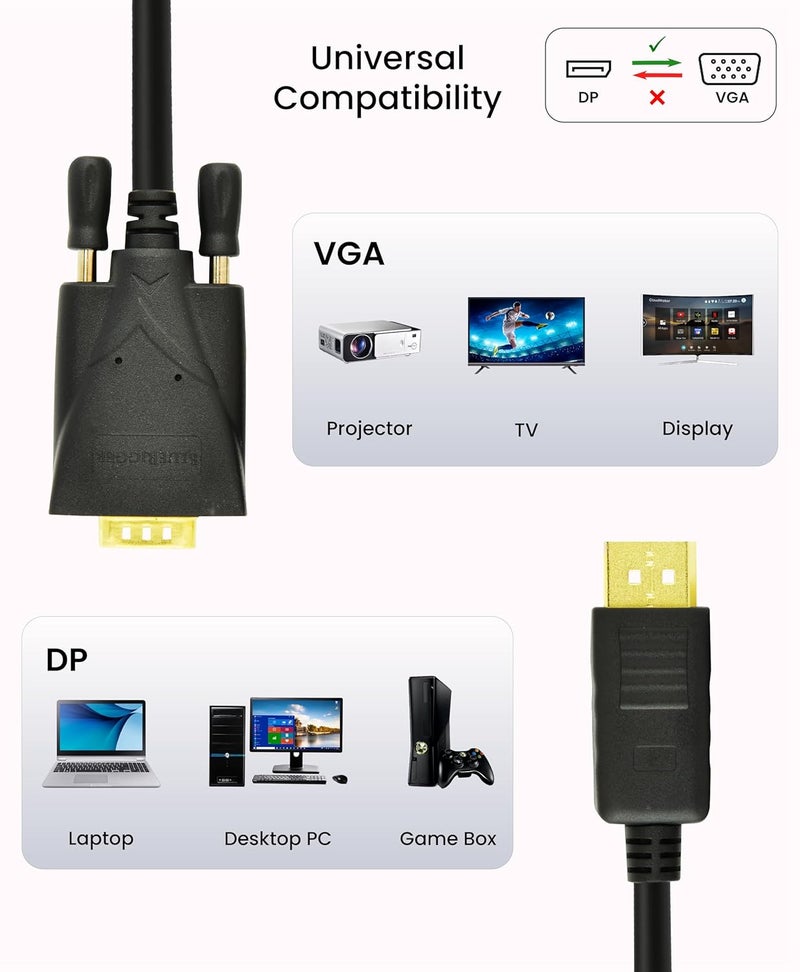 BlueRigger 6FT DisplayPort to VGA Cable - DP to VGA Monitor Cable, Uni-Directional, Male to Male, Compatible with Laptop, Monitor, Desktop, HDTV - Image 3