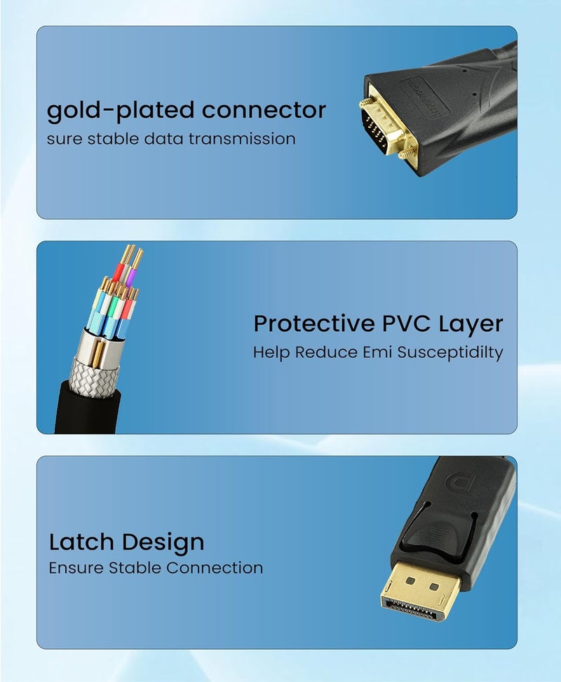 BlueRigger 6FT DisplayPort to VGA Cable - DP to VGA Monitor Cable, Uni-Directional, Male to Male, Compatible with Laptop, Monitor, Desktop, HDTV - Image 2