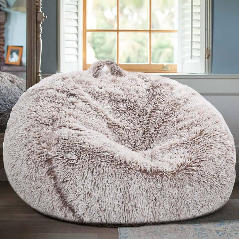 Kisoy Fluffy Stuffed Animal Storage Bean Bag Chair Cover (No Filler), Faux Fur Comfy Bean Bag Cover for Organizing Plush Toys or Textile, for Adults Teens Kids Girls, Heather Camel - Image 1