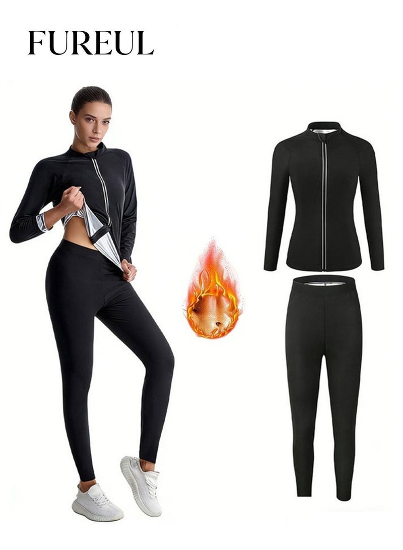 فوريول طقم ساونا نسائي مكون من قطعتين (جاكيت + بنطال) - مصنوع من قماش فاخر لتعزيز التعرق ونحت الجسم - Image 2