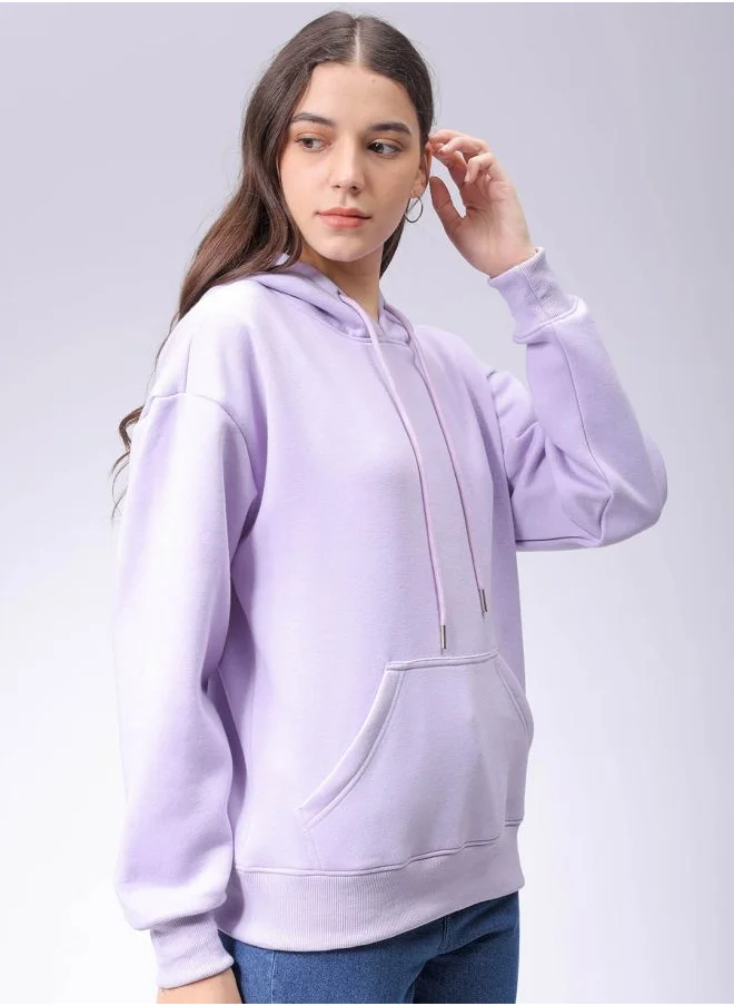 Freehand Women Boxy Purple Printed Hooded Neck Long Sleeve Sweatshirt