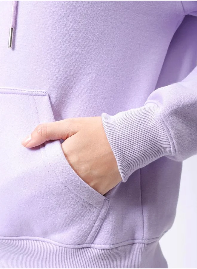 Freehand Women Boxy Purple Printed Hooded Neck Long Sleeve Sweatshirt