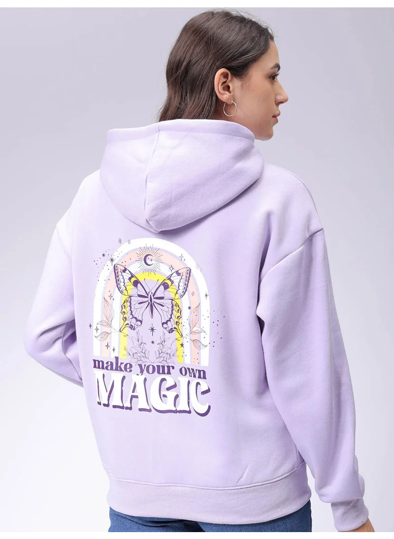 Freehand Women Boxy Purple Printed Hooded Neck Long Sleeve Sweatshirt