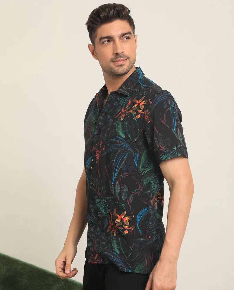 Rare Rabbit Rare Rabbit Men's Dabney Black Viscose Fabric Half Sleeves Tropical Print Shirt