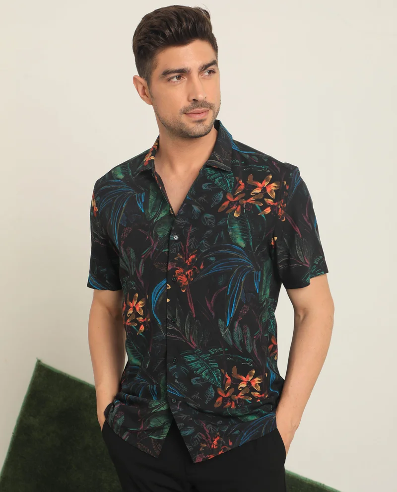 Rare Rabbit Rare Rabbit Men's Dabney Black Viscose Fabric Half Sleeves Tropical Print Shirt