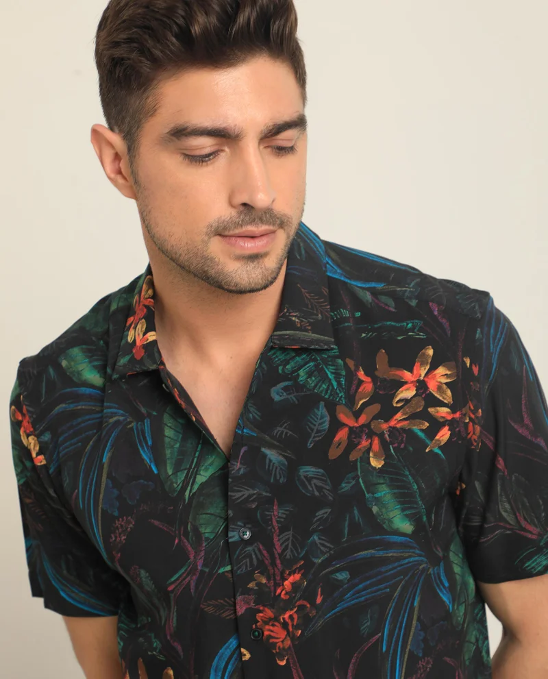 Rare Rabbit Rare Rabbit Men's Dabney Black Viscose Fabric Half Sleeves Tropical Print Shirt