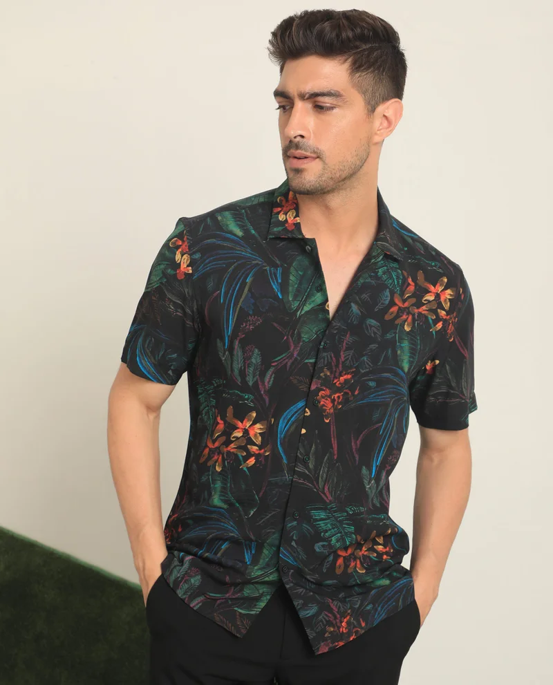 Rare Rabbit Rare Rabbit Men's Dabney Black Viscose Fabric Half Sleeves Tropical Print Shirt