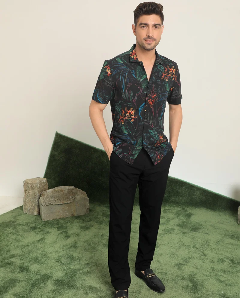 Rare Rabbit Rare Rabbit Men's Dabney Black Viscose Fabric Half Sleeves Tropical Print Shirt