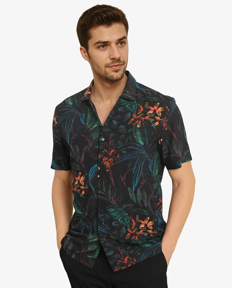 Rare Rabbit Rare Rabbit Men's Dabney Black Viscose Fabric Half Sleeves Tropical Print Shirt