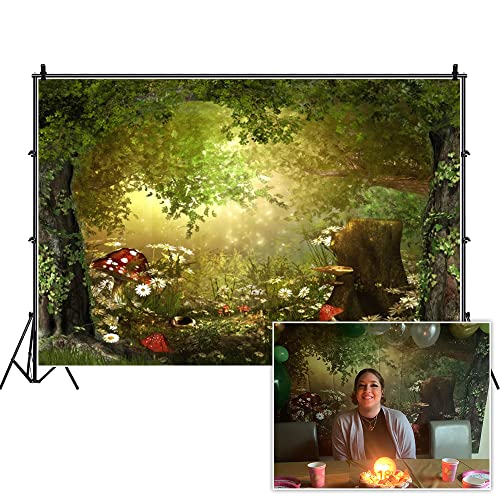 Leowefowa 10x6.5ft Vinyl Birthday Backdrop Fairytale Jungle Forest Backdrop Mushroom Baby Shower Photo Background for Party Photo Shoots Newborn Baby Kids Children Studio Props Photography Backdrops - Image 1