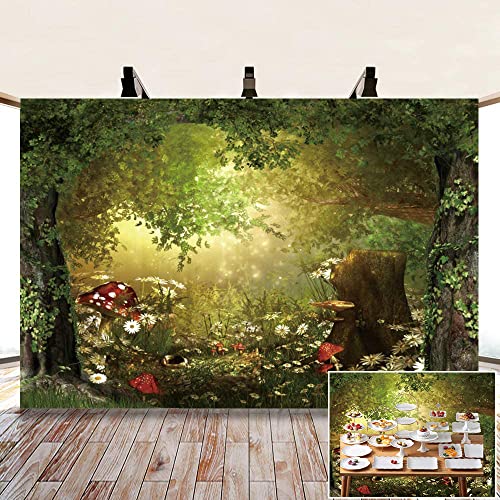 Leowefowa 10x6.5ft Vinyl Birthday Backdrop Fairytale Jungle Forest Backdrop Mushroom Baby Shower Photo Background for Party Photo Shoots Newborn Baby Kids Children Studio Props Photography Backdrops - Image 2