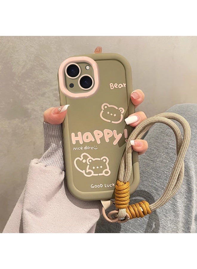 NIBEMINENT Protective TPU Case Cover For iPhone 15, Brown Letter Graffiti Small Bear Single Shell With Lanyard