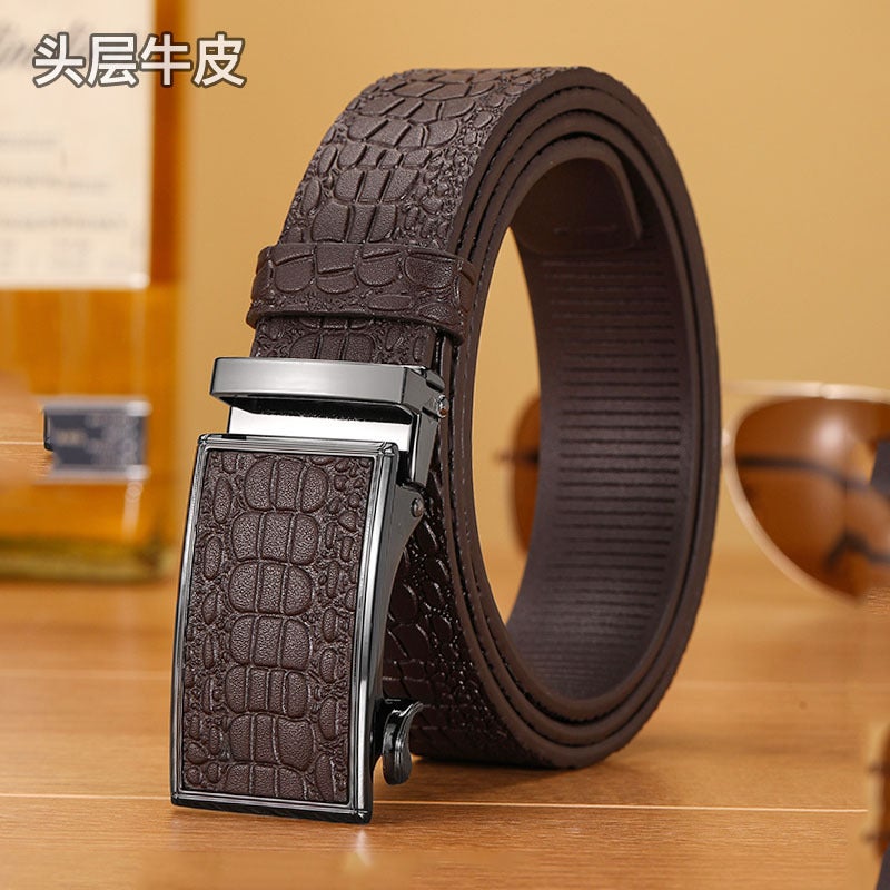 Leather Belt Men'S Leather Business Toothless Automatic Belt Men'S Crocodile Pattern First Layer Cowhide High-End Trouser Belt Genuine Goods - Image 1