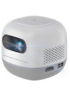 Promate Digital Mini Projector with DLP Technology, Wireless Screen Sharing, HD 720P Resolution, 4K@60Hz Support, USB & HDMI Ports, Auto Keystone Correction, Built-In Speaker- CubeCast-2 White