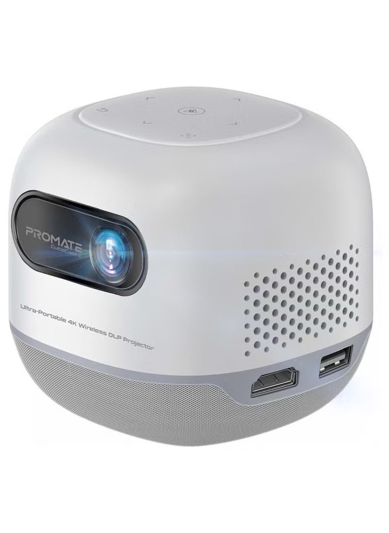 PROMATE - Promate Digital Mini Projector with DLP Technology, Wireless Screen Sharing, HD 720P Resolution, 4K@60Hz Support, USB & HDMI Ports, Auto Keystone Correction, Built-In Speaker- CubeCast-2 White - Image 1
