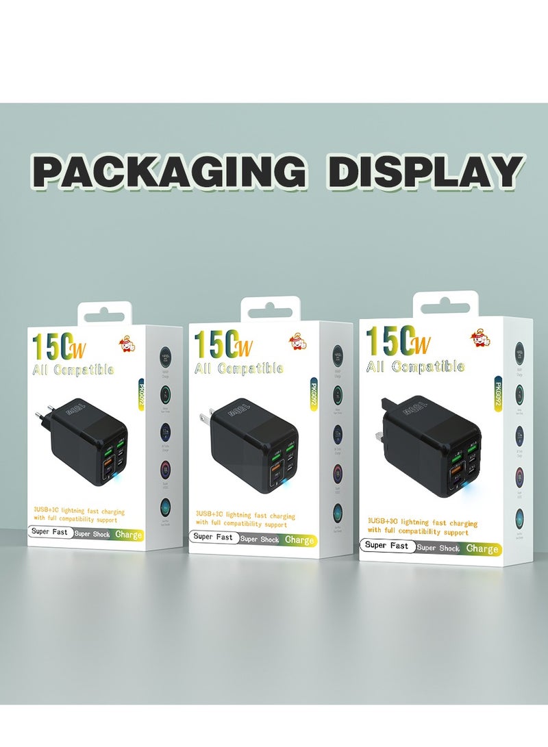 150W UK 6 Ports Multifunctional Super Fast Charging Adapter Mobile Phone Charger Travel Power Adapter Black  - Image 5