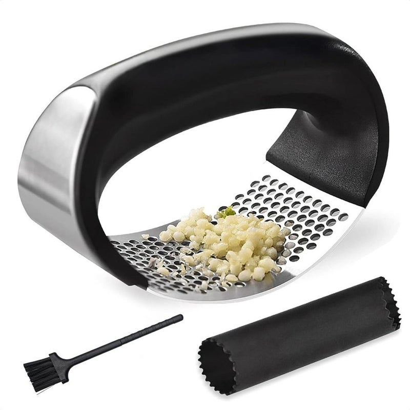 Set Of 3 Stainless Steel Rocking Garlic Presses With Ergonomic Handle Garlic Peeler And Cleaning Brush Easy Clean Effortless Mincing Tool For Kitchen - Image 1