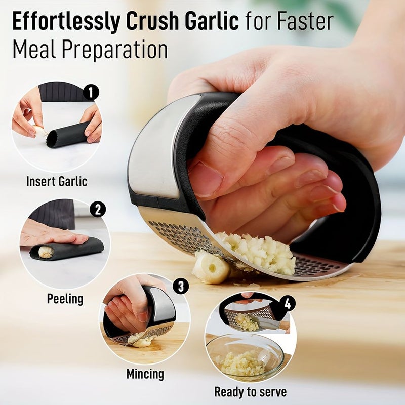 Set Of 3 Stainless Steel Rocking Garlic Presses With Ergonomic Handle Garlic Peeler And Cleaning Brush Easy Clean Effortless Mincing Tool For Kitchen - Image 2