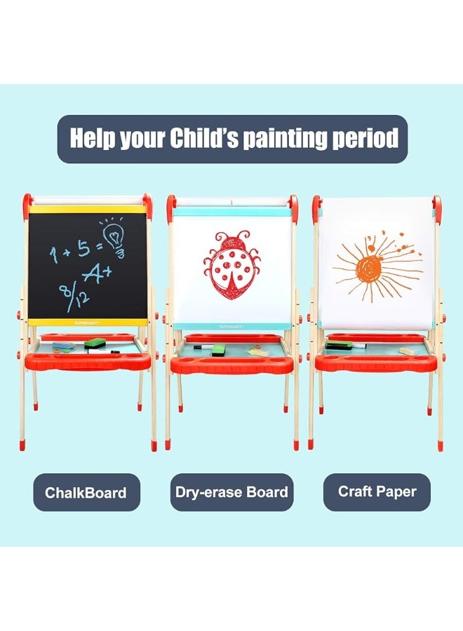 TOP BRIGHT TOP BRIGHT Wooden Art Easel for Kids, Toddler Easel Adjustable with Painting Whiteboard, Child Easel with Magnetic Blackboard - Image 1