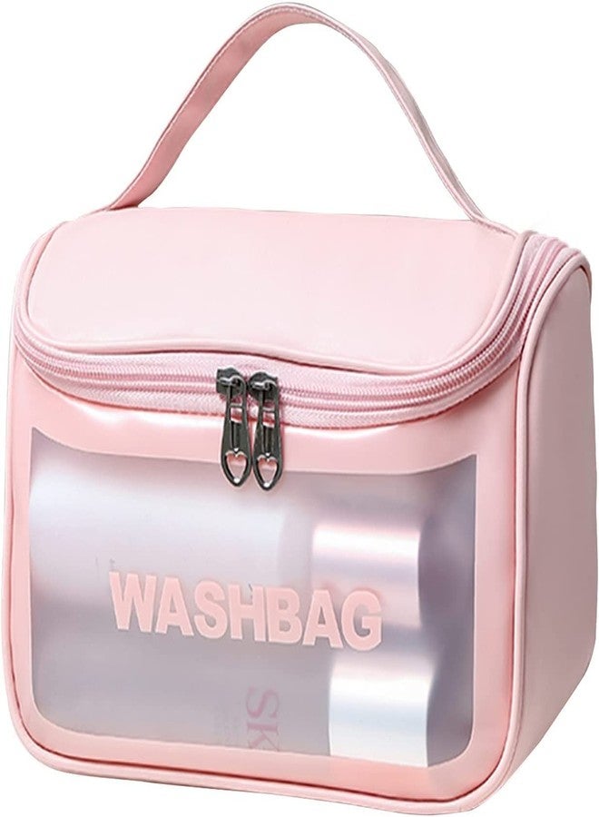 LYDL Transparent Cosmetic Bag with Handle & Hanging Hook,Large Capecity Cosmetic Pocuh for Women,Transparent PVC Cosmetic Bag Pink Makeup Bag - Image 1