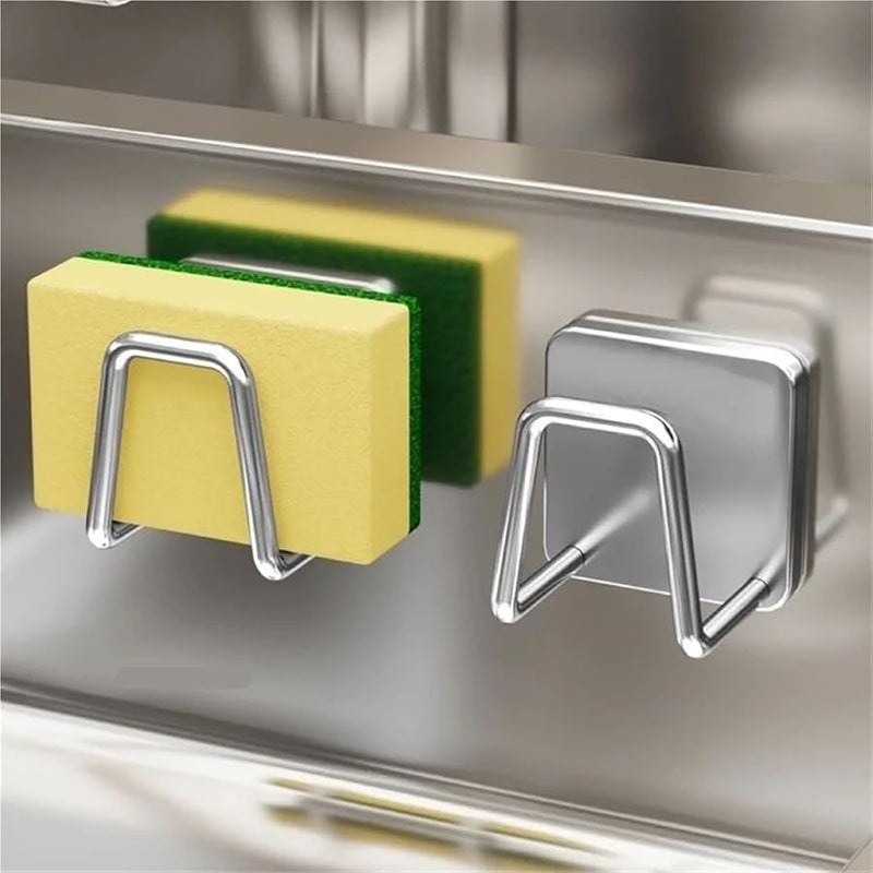 5 قطع من حامل الإسفنج اللاصق من الفولاذ المقاوم للصدأ، رف حائط منظم، فضي - Image 3