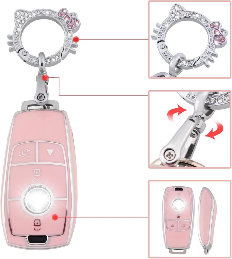 PANGPAI Pink Key Fob Cover for Mercedes Benz, Soft TPU Key Case Protection with Bling Keychain Fit for A-Class C-Class G-Class 2017-2020 E-Class S-Class - Image 4