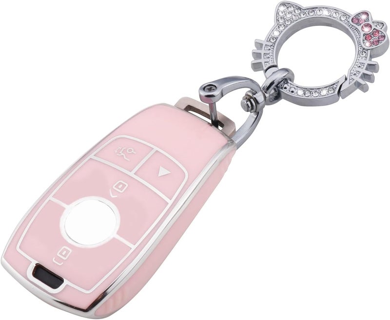 PANGPAI Pink Key Fob Cover for Mercedes Benz, Soft TPU Key Case Protection with Bling Keychain Fit for A-Class C-Class G-Class 2017-2020 E-Class S-Class - Image 1
