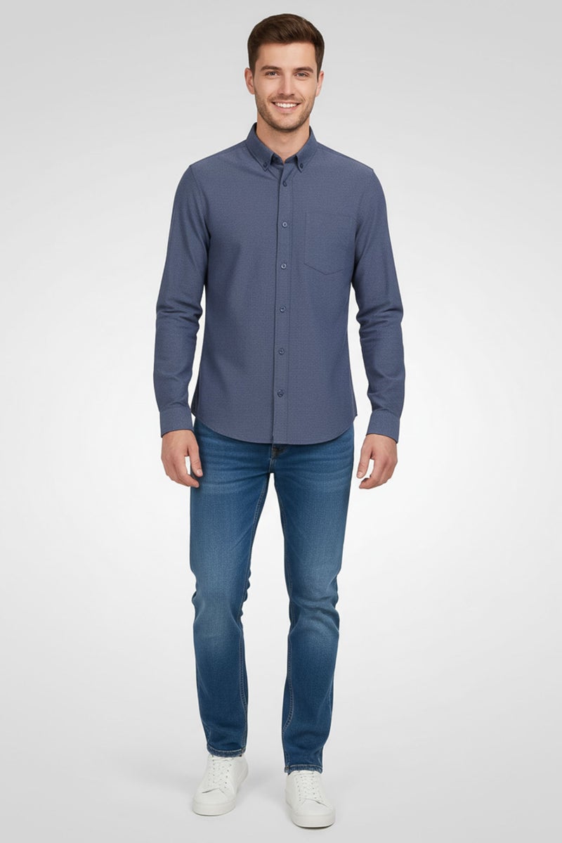 Celio Men Regular Fit Long Sleeve Heather Casual Shirt, Slate Blue - Image 2