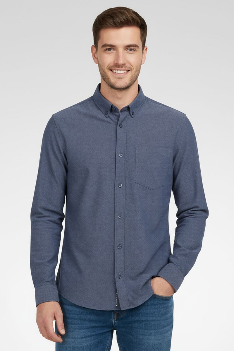 Celio Men Regular Fit Long Sleeve Heather Casual Shirt, Slate Blue - Image 1