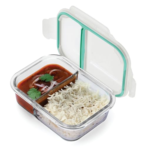 SOPL-OLIVEWARE Oliveware Elite Natural Glassware Bento Lunch Box Microwave Safe with 2 Compartment Set |Safety Lock Airtight Containers (600 ml) - Image 1