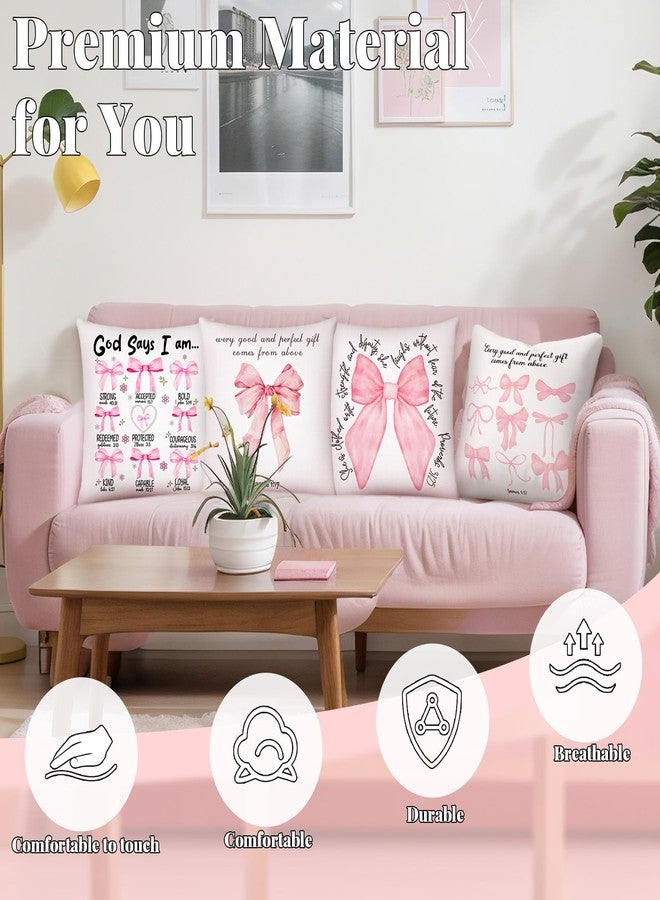 FuWeave 4 Pcs Pink Bow Bible Pillow Covers Coquette Christian Pillow Covers 18 x 18'' Bible Verse Throw Pillowcase God Says You are Inspirational Christian Gifts for for Bedroom Living Room Decor - Image 3