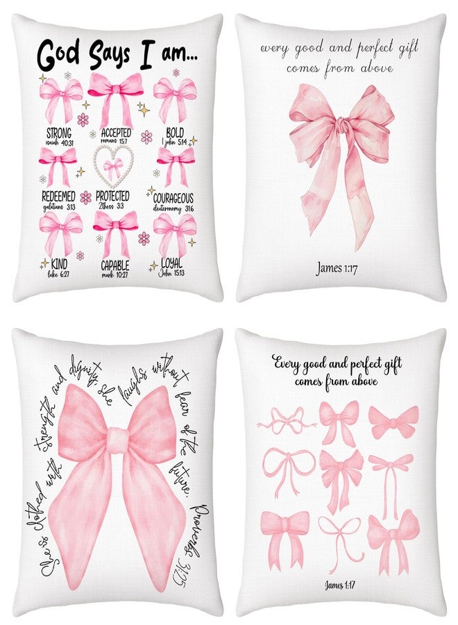 FuWeave 4 Pcs Pink Bow Bible Pillow Covers Coquette Christian Pillow Covers 18 x 18'' Bible Verse Throw Pillowcase God Says You are Inspirational Christian Gifts for for Bedroom Living Room Decor - Image 1