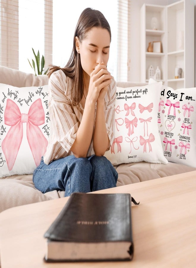 FuWeave 4 Pcs Pink Bow Bible Pillow Covers Coquette Christian Pillow Covers 18 x 18'' Bible Verse Throw Pillowcase God Says You are Inspirational Christian Gifts for for Bedroom Living Room Decor - Image 4