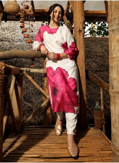  قصة Women's Royal Pink Primrose Flora Kurta With Trousers  - Image 2
