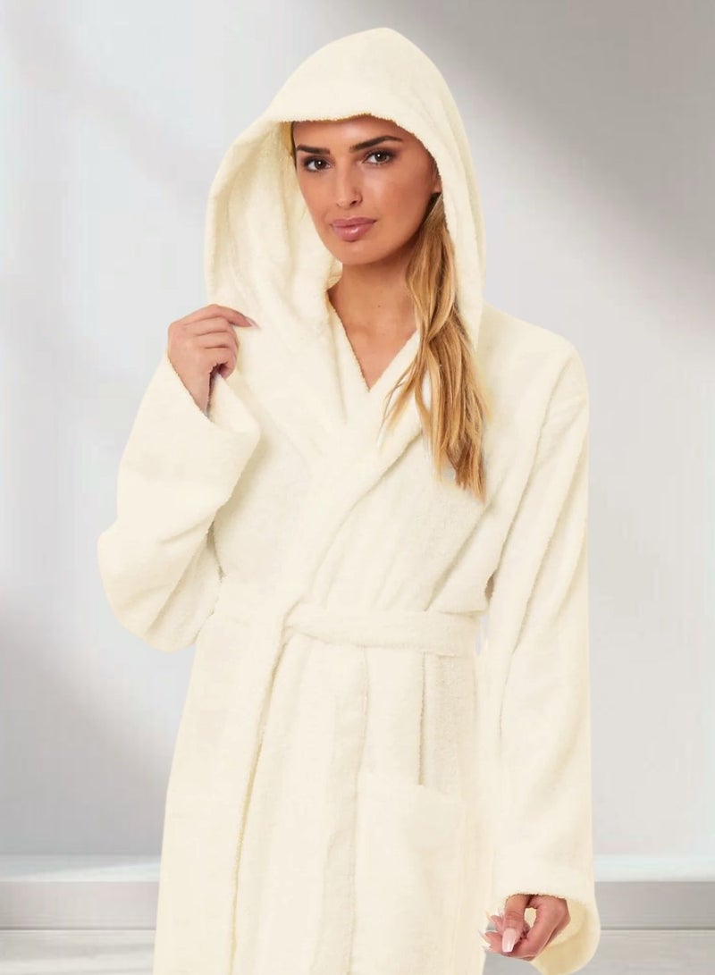 1Chase Unisex Hooded Bathrobe Vanilla (S/M) – Premium Cotton, Plush, And Absorbent Robe for Adults, Off-White Spa, Hotel Style - Image 3