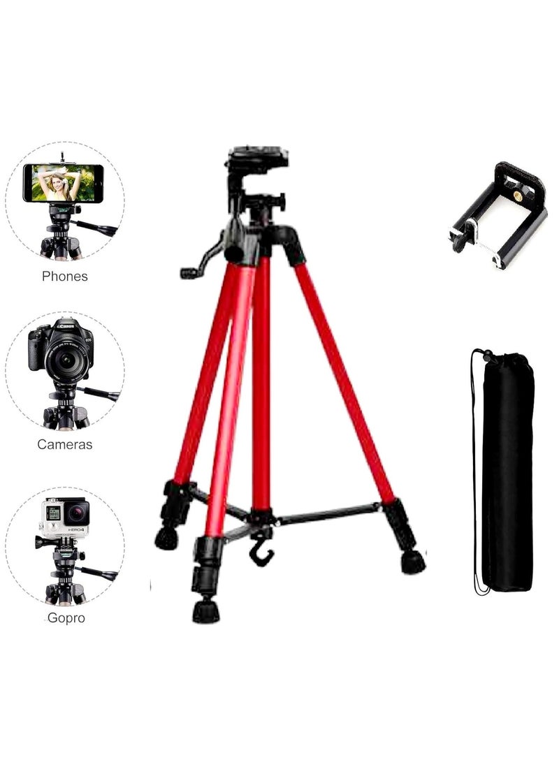 3366 Red Tripod Camera Stand with Tilt Pan 360 Degree Horizontal & Vertical Rotating Head - Free Mobile Holder (Red Colour) - Image 1