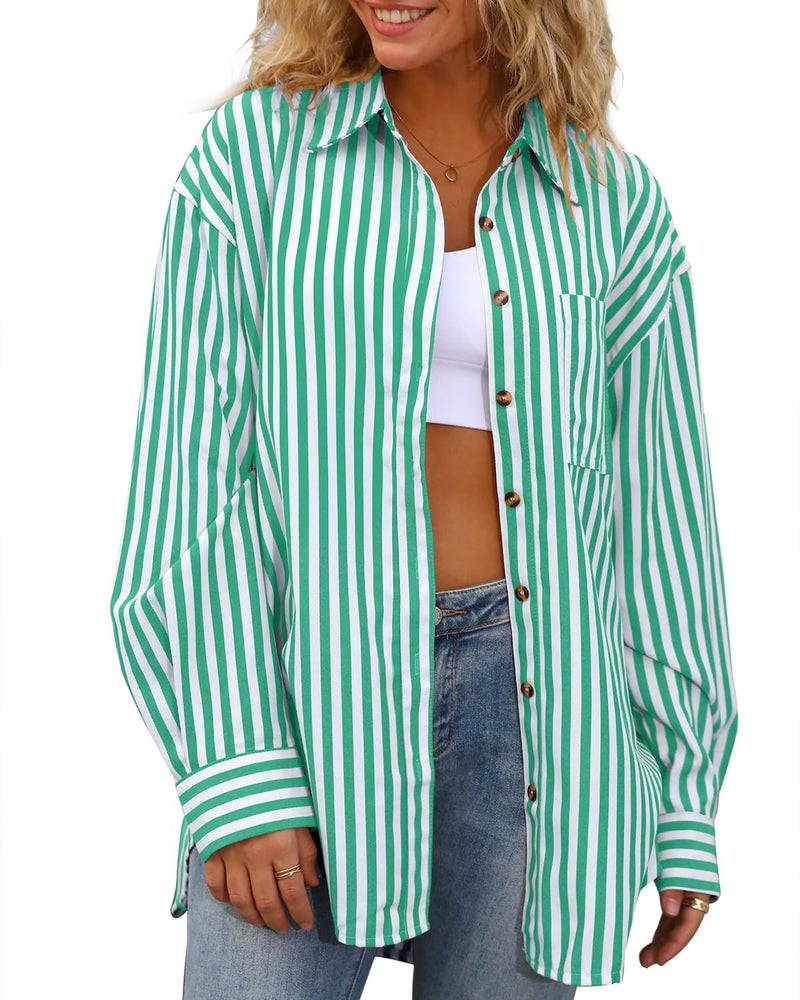 CHYRII Womens Striped Button Down Shirt Casual Long Sleeve Blouse Top Green XXL - Image 1
