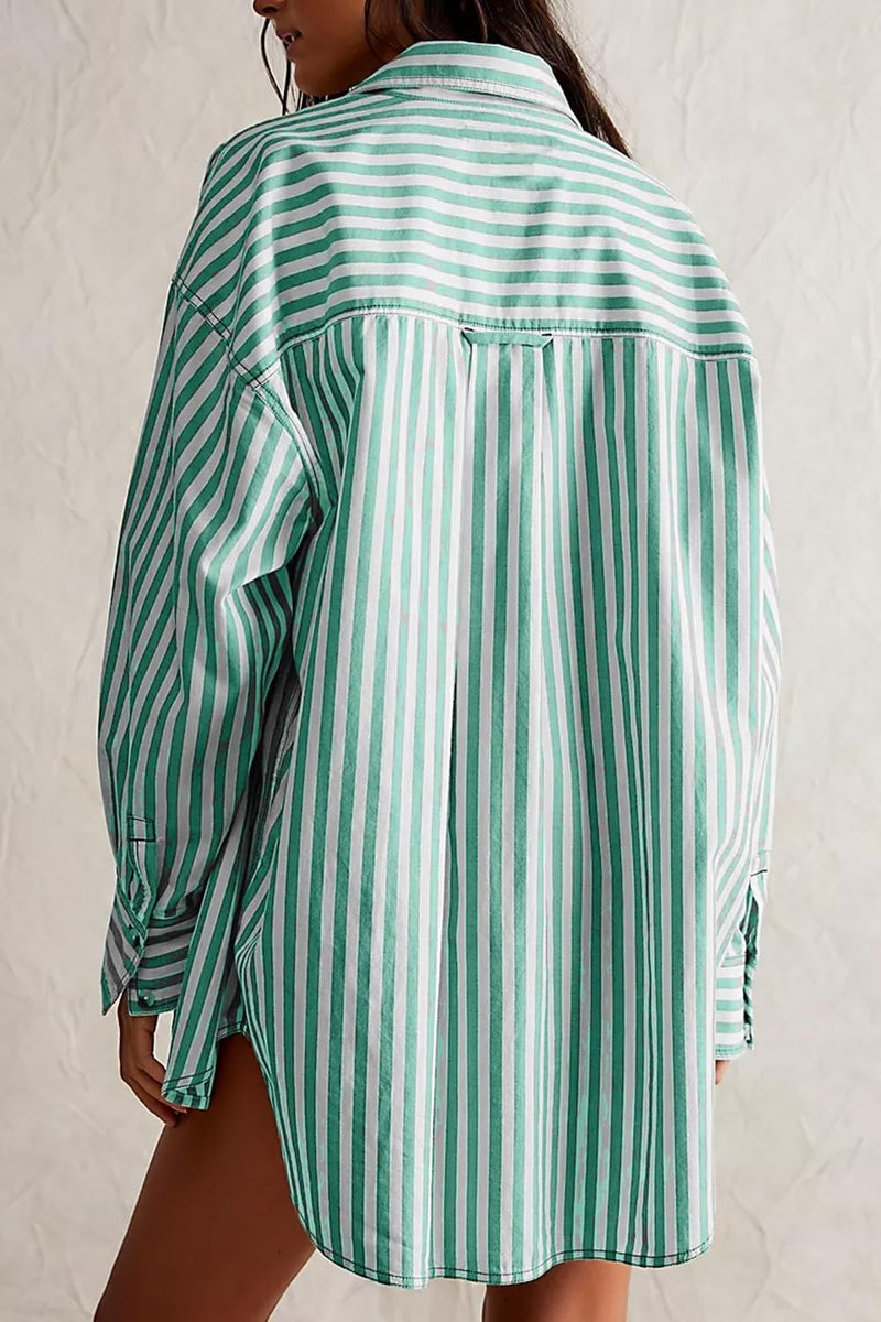 CHYRII Womens Striped Button Down Shirt Casual Long Sleeve Blouse Top Green XXL - Image 3