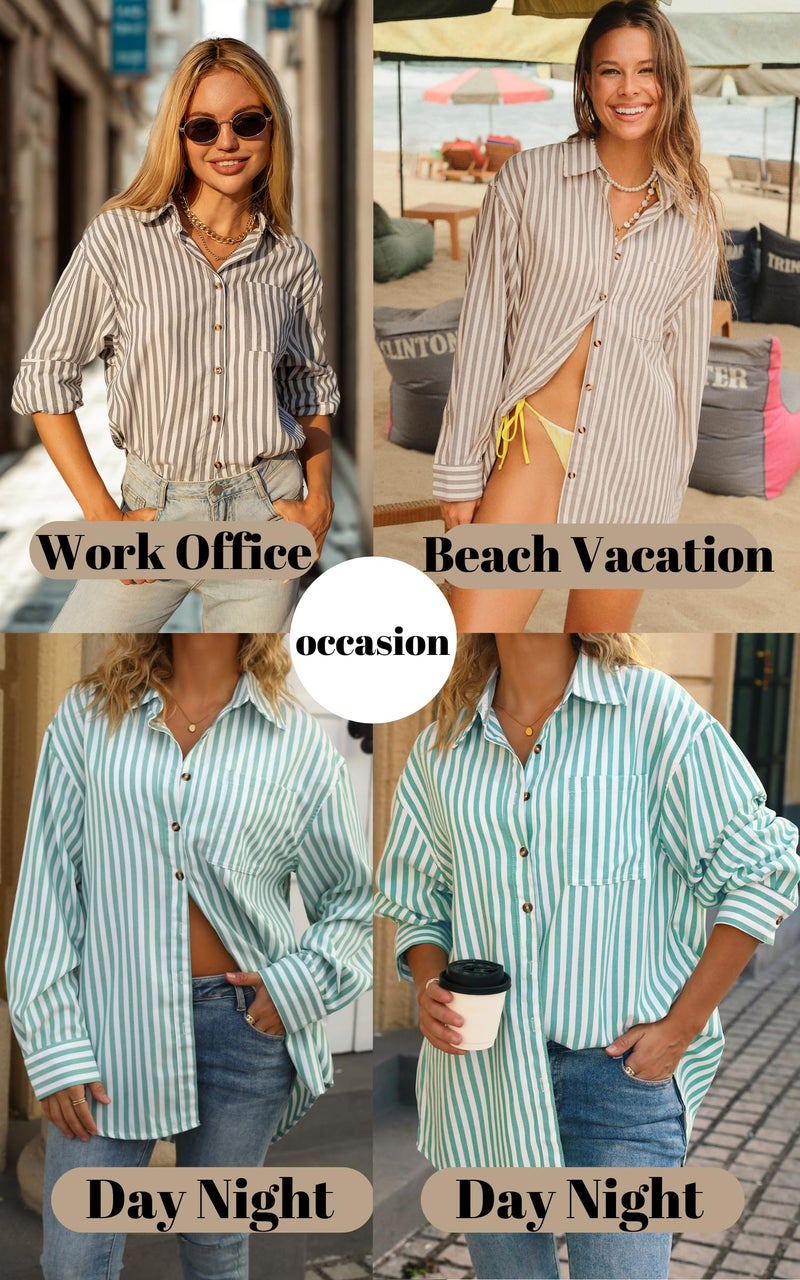CHYRII Womens Striped Button Down Shirt Casual Long Sleeve Blouse Top Green XXL - Image 4