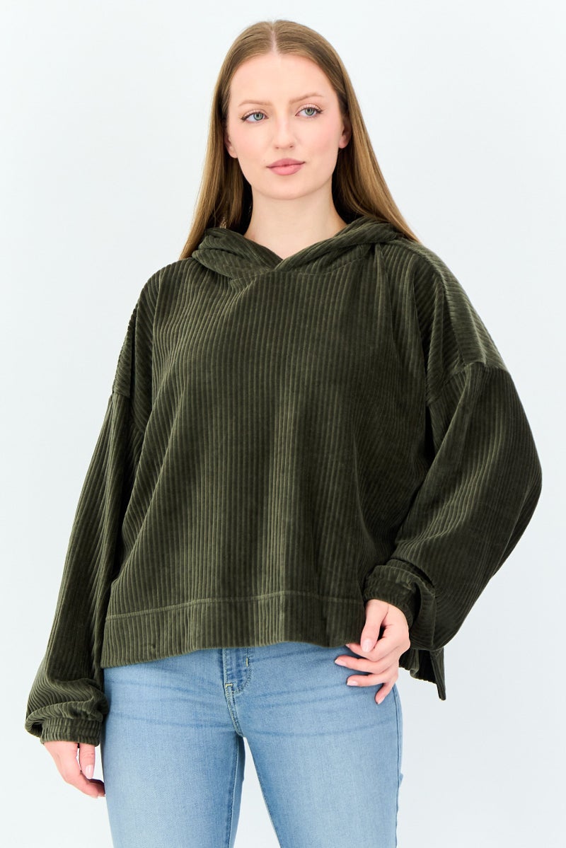 Aerie Women Corduroy Long Sleeve Hoodie, Olive - Image 1